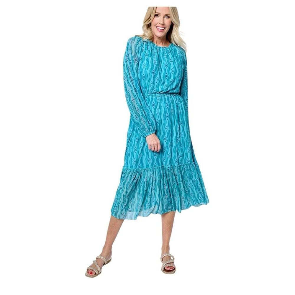Canyon Retreat Blue Boho Peasant‎ Midi Dress 2X Long Sleeve Tiered Flowy Resort
